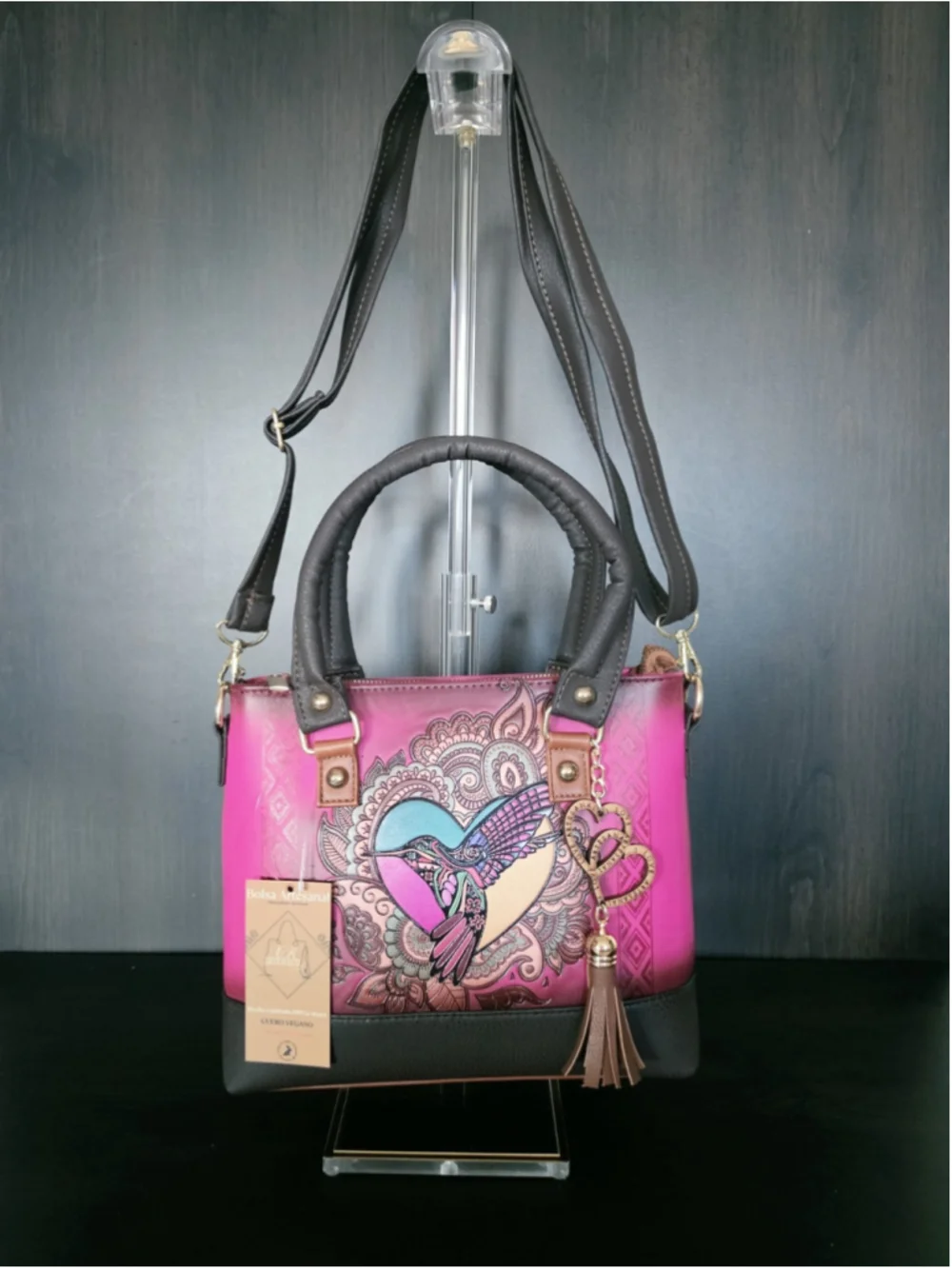 Mexican Hummingbird Embossed VEGAN Leather Handbag – Magenta Pink & Dark Brown
